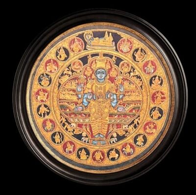 Rare Masterpiece: 53" Diameter Round Tanjore Painting of Lord Vishnu (Copy)